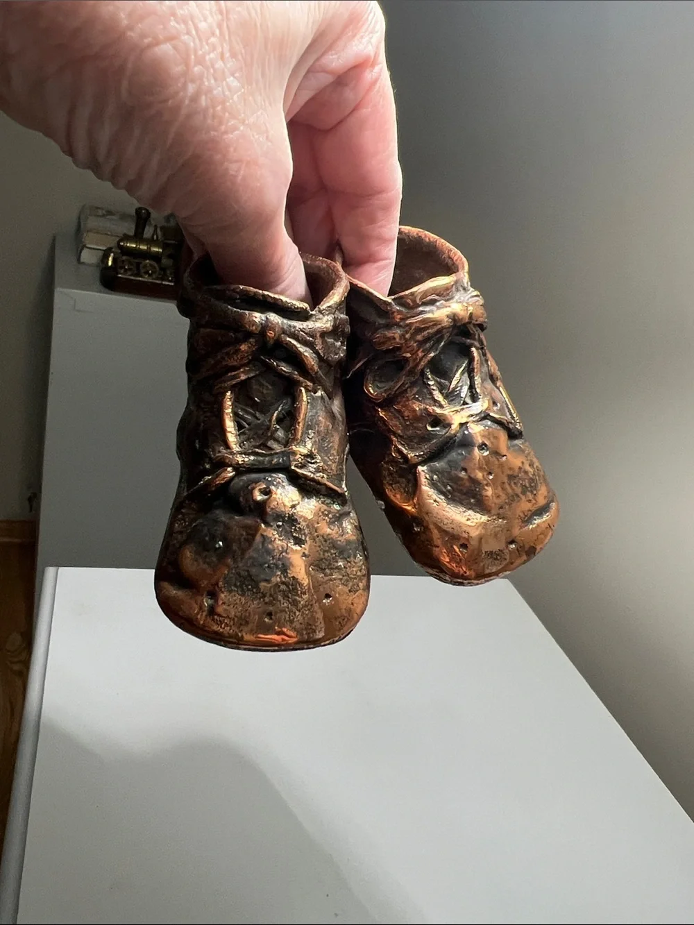 Bronzed Antique Classic Baby Walker Shoes Figurine in Metallic Brown - Vintage